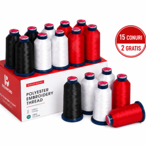 Set 15 Ațe de Brodat Polyester Premium RICHWORD 4000m – Alb, Negru și Roșu