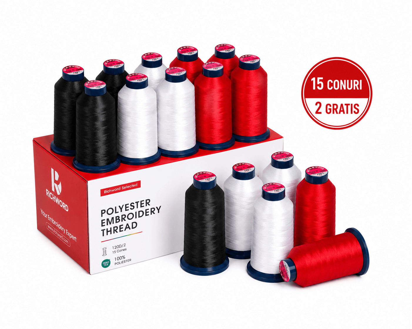 IMG_3719 Set 15 Ațe de Brodat Polyester Premium RICHWORD 4000m – Alb, Negru și Roșu